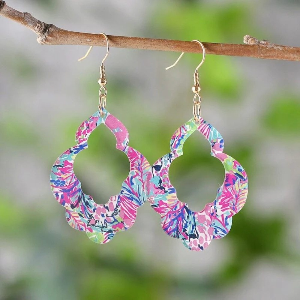 Dangle Earrings Quatrefoil Floral Print Lightweight Drop‎ Earrings